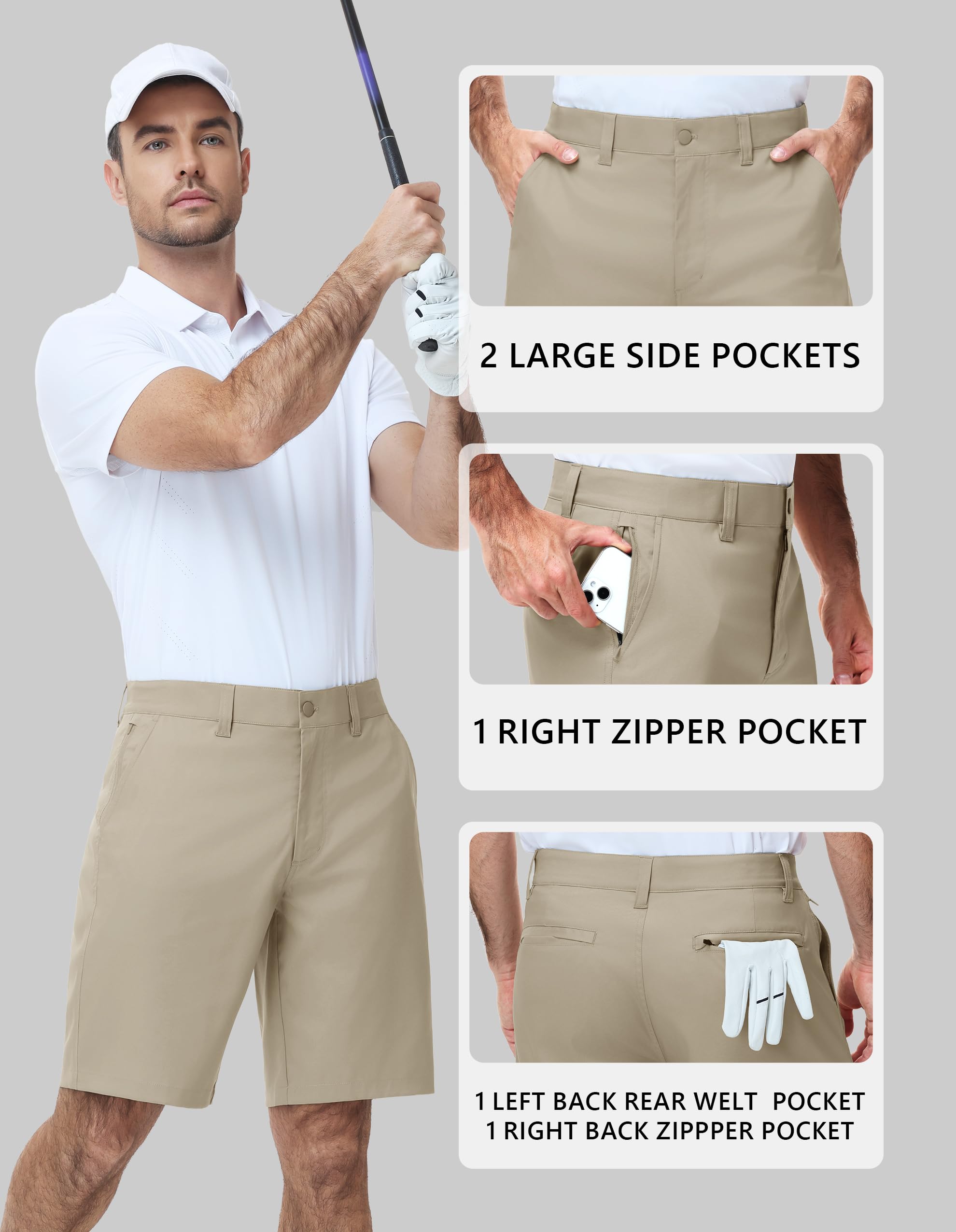 PULI Men's Golf Dress Shorts 9 Inch Flat Front Stretch Hybrid Lightweight Quick Dry Chino Shorts with Zip Pockets - Image 4