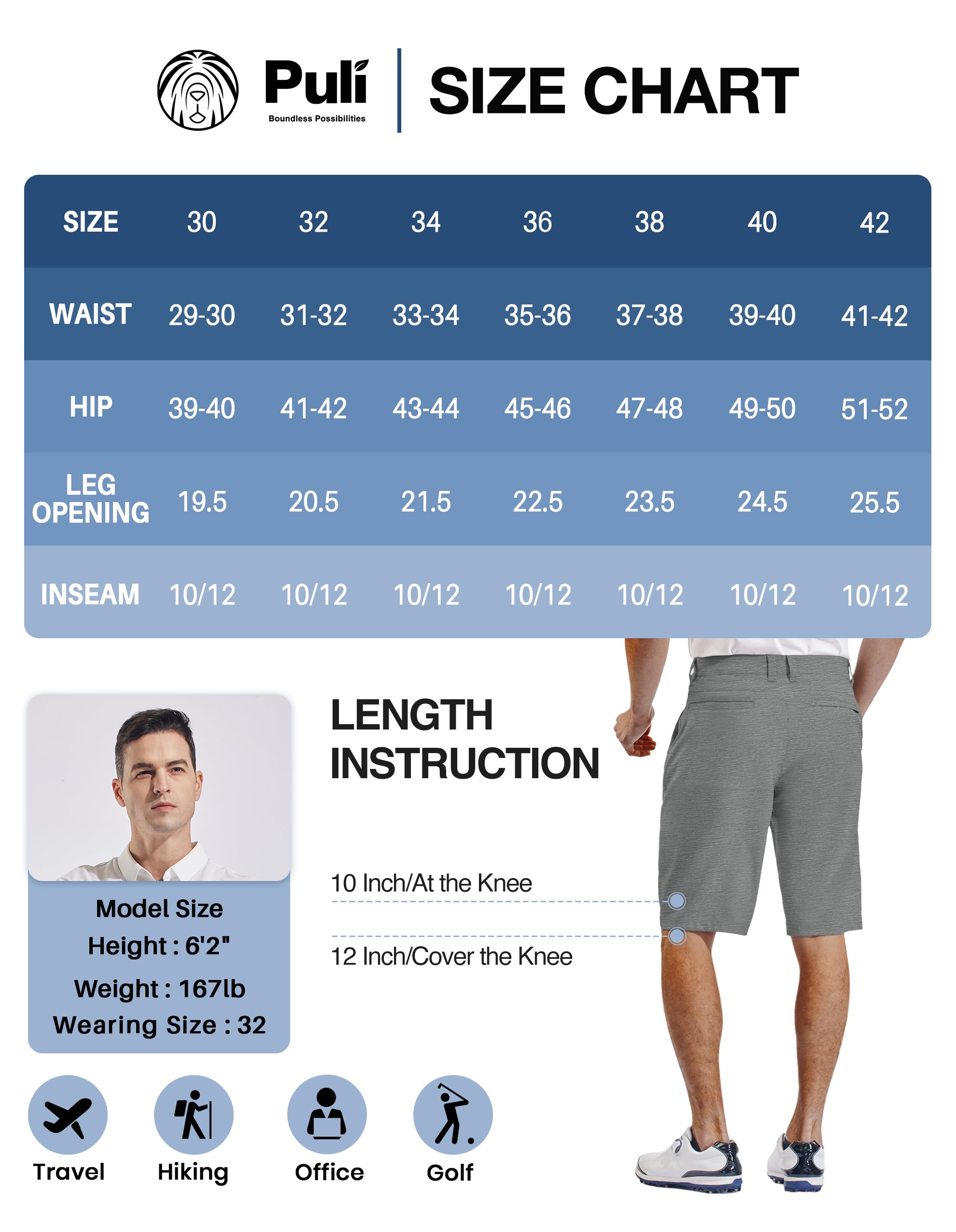 PULI Mens Golf Hiking Shorts Lightweight Casual Dress 12"/10" Inseam Work Stretch Travel Hybrid Quick Drying with Pockets - Image 6