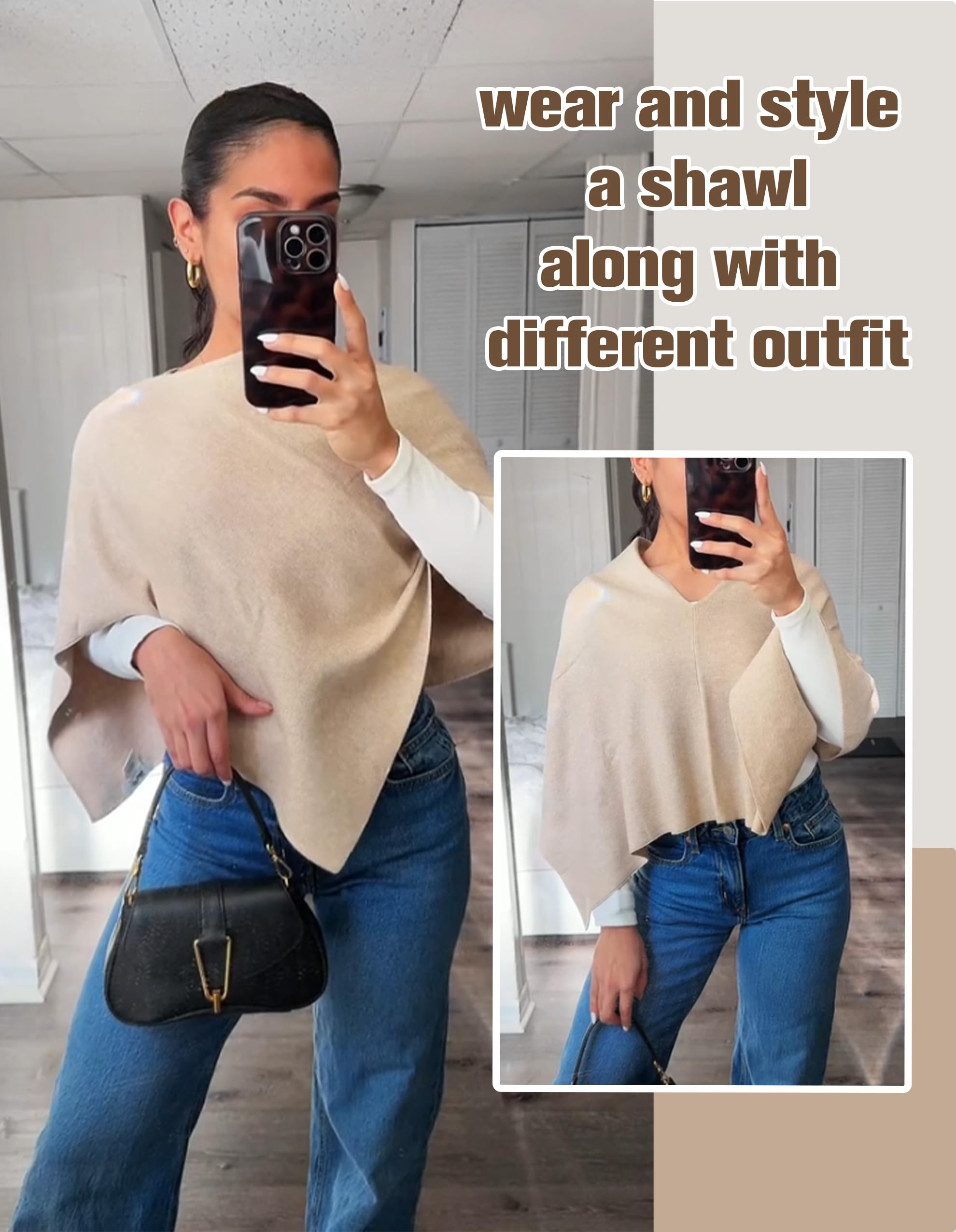 PULI Women Capri Poncho Sweater Petite Cropped Versatile Shawl Slender Frame Fit Soft Knit Wraps Cowl Neck Short Tops - Image 3