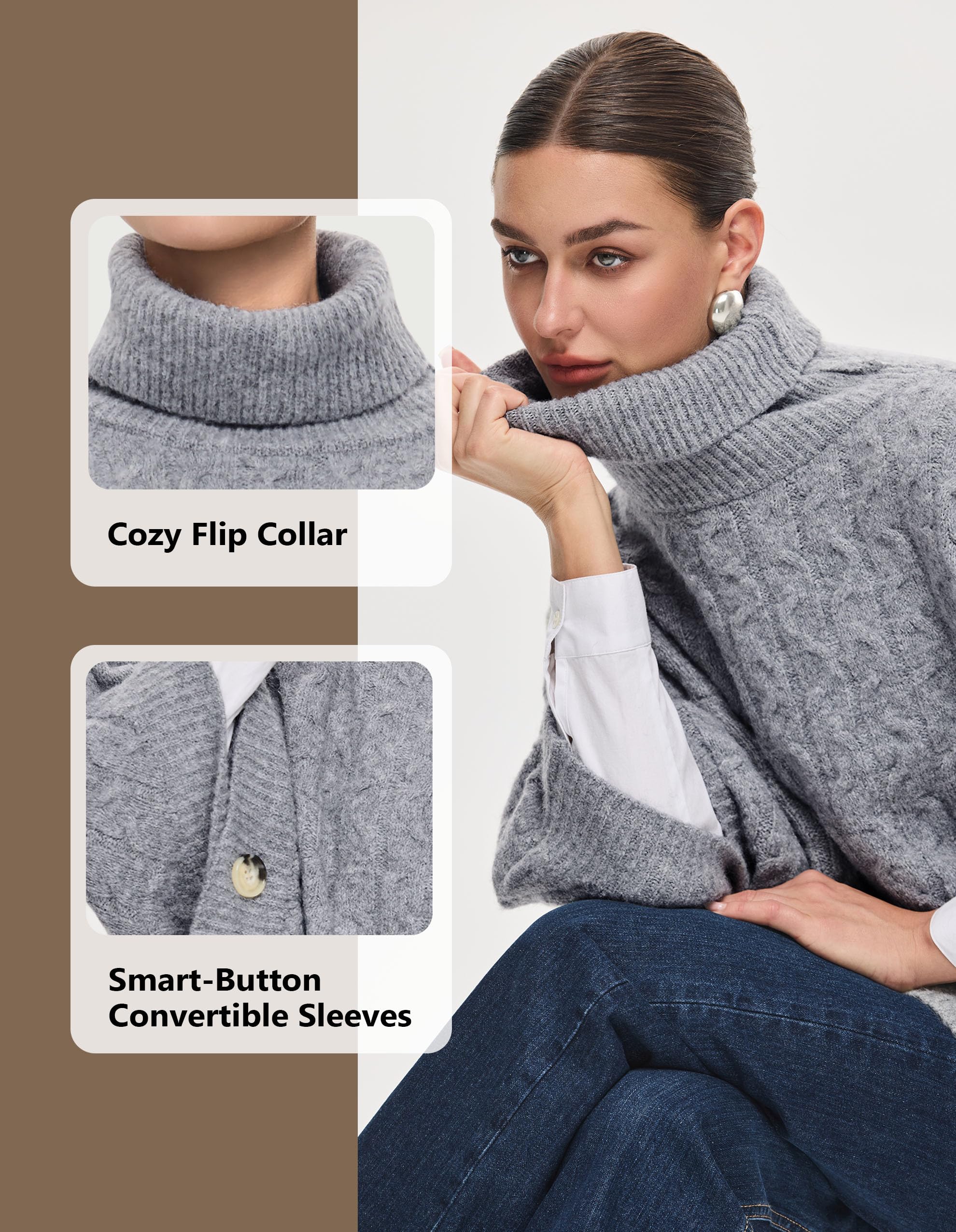 PULI Women Luxury Turtleneck Sweater Poncho Fashion Thick Cable Knit Cape Wrap Pullover Chunky Warm Shawl for Fall Winter - Image 4