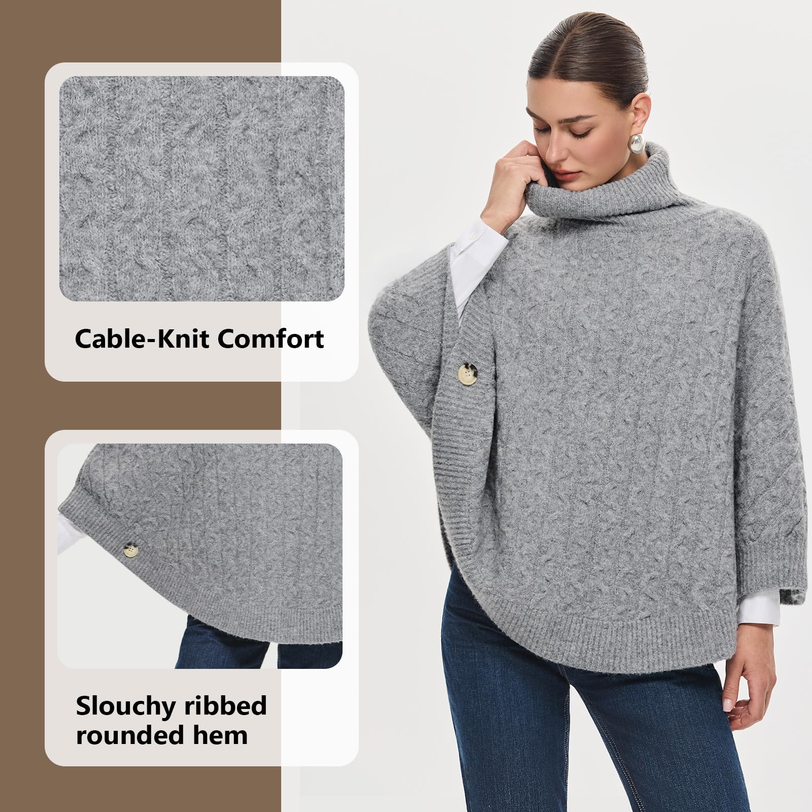 PULI Women Luxury Turtleneck Sweater Poncho Fashion Thick Cable Knit Cape Wrap Pullover Chunky Warm Shawl for Fall Winter - Image 5