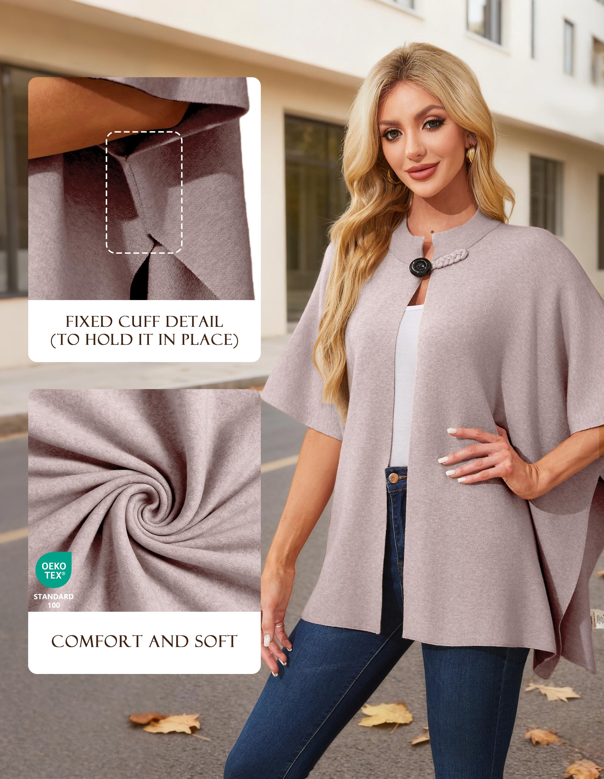 PULI Women's Elegant Open Front Shawl Wraps Button Closure Poncho Sweater Travel Cardigan - Image 3