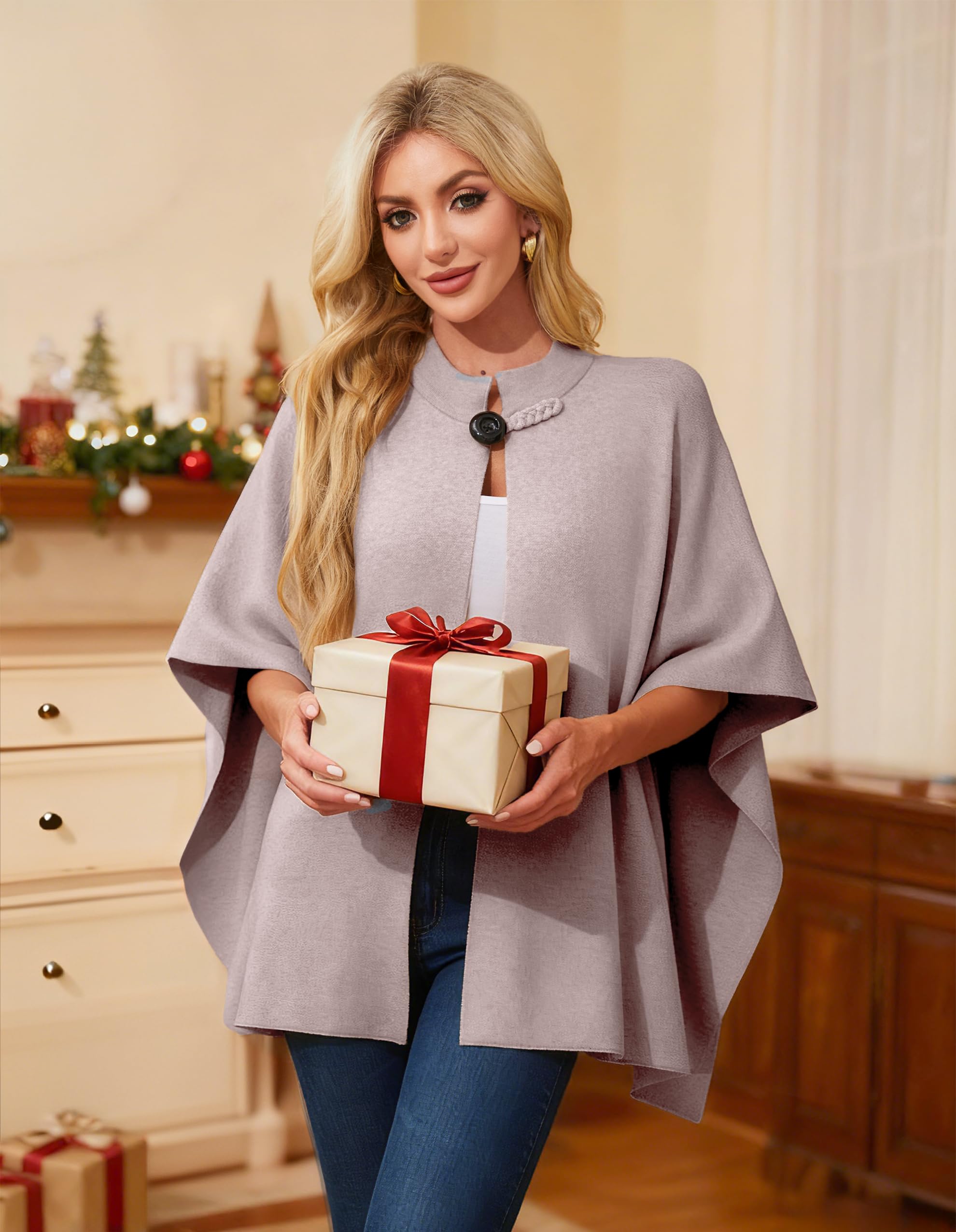 PULI Women's Elegant Open Front Shawl Wraps Button Closure Poncho Sweater Travel Cardigan - Image 4