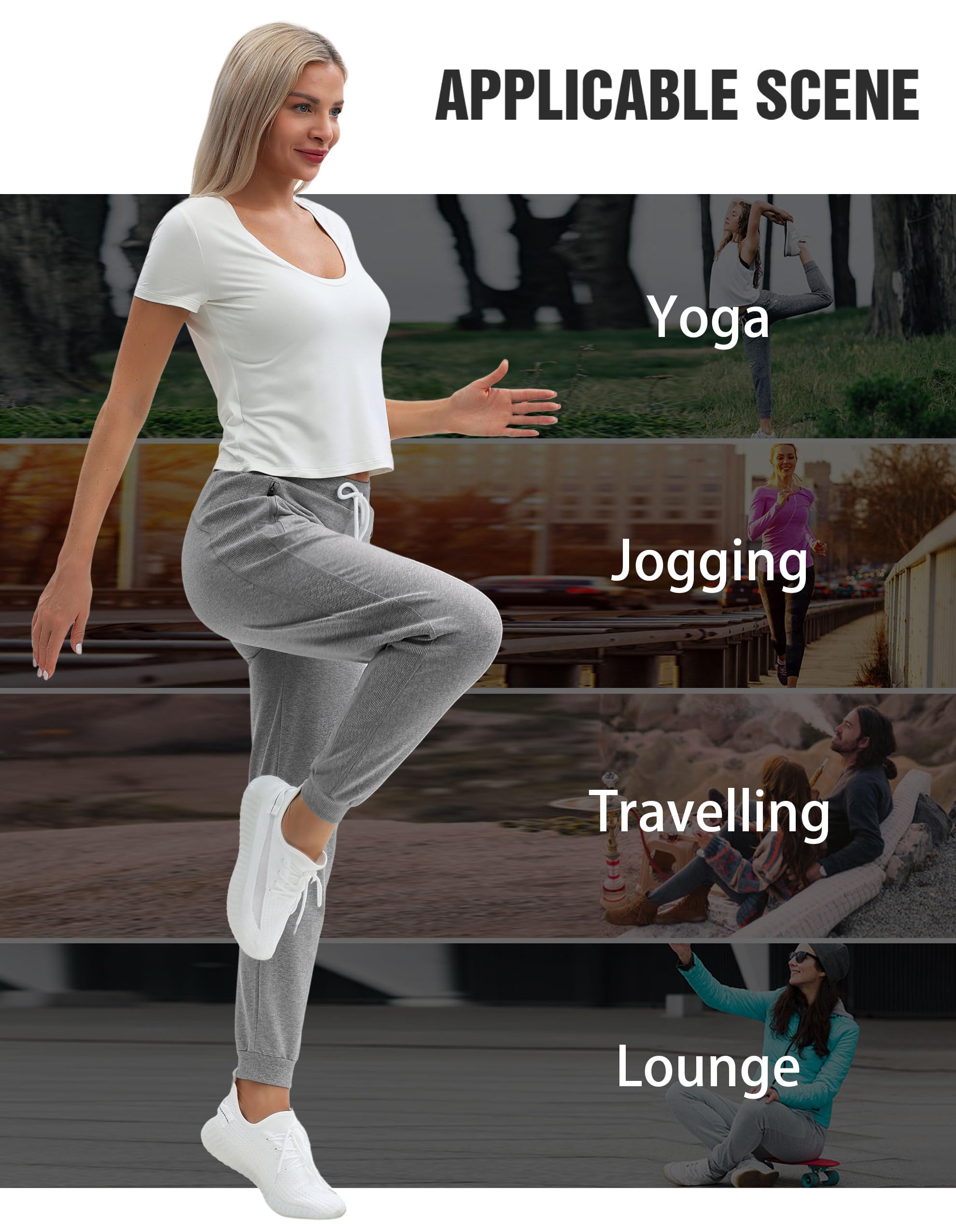 PULI Women Workout Sweatpants Cotton Jogger Ribber Splicing Lounge Sweat Pants with Zipper Pocket - Image 4