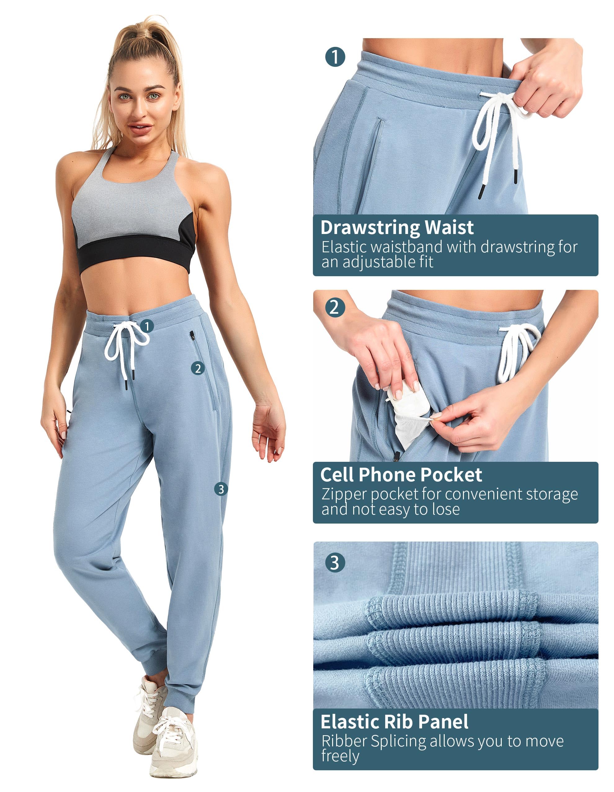 PULI Women Workout Sweatpants Cotton Jogger Ribber Splicing Lounge Sweat Pants with Zipper Pocket - Image 3