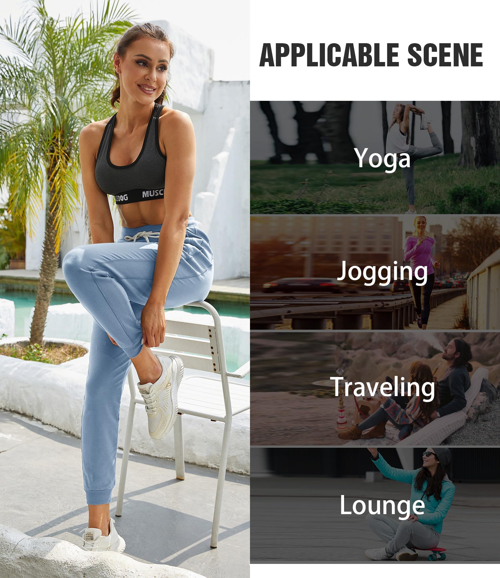 PULI Women Workout Sweatpants Cotton Jogger Ribber Splicing Lounge Sweat Pants with Zipper Pocket - Image 4