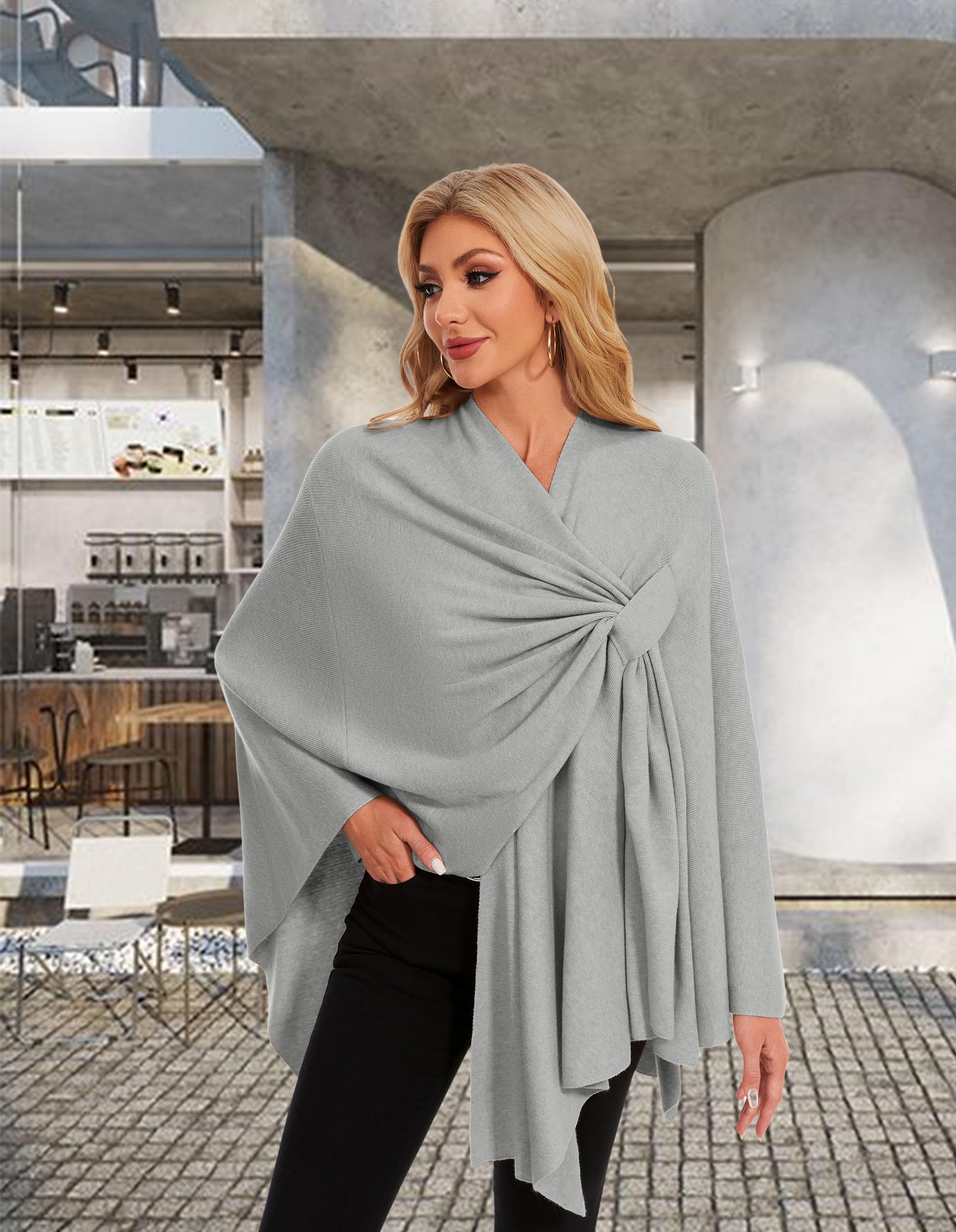 PULI Womens Elegant Cross Front Shawl Wraps Knitted Ponchos Cape Light Weight Poncho Sweater Soft Warm Travel Wraps - Image 3