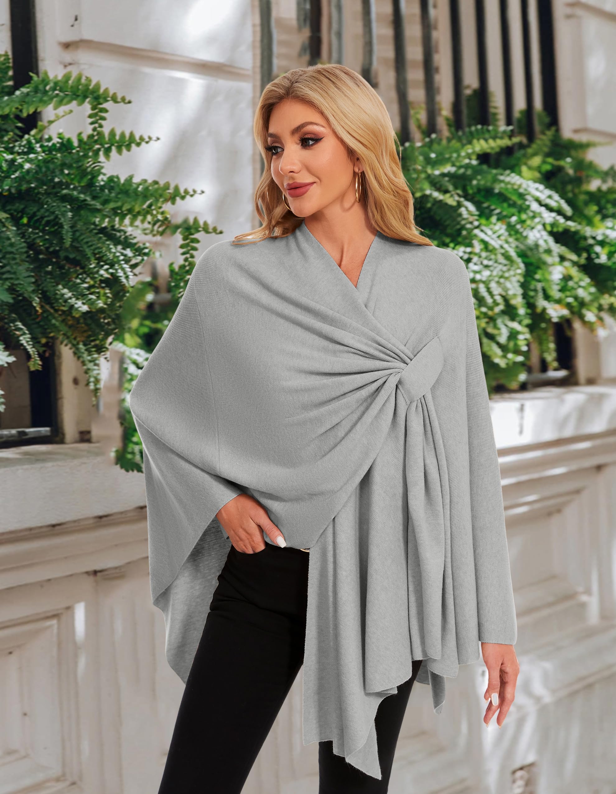 PULI Womens Elegant Cross Front Shawl Wraps Knitted Ponchos Cape Light Weight Poncho Sweater Soft Warm Travel Wraps - Image 7