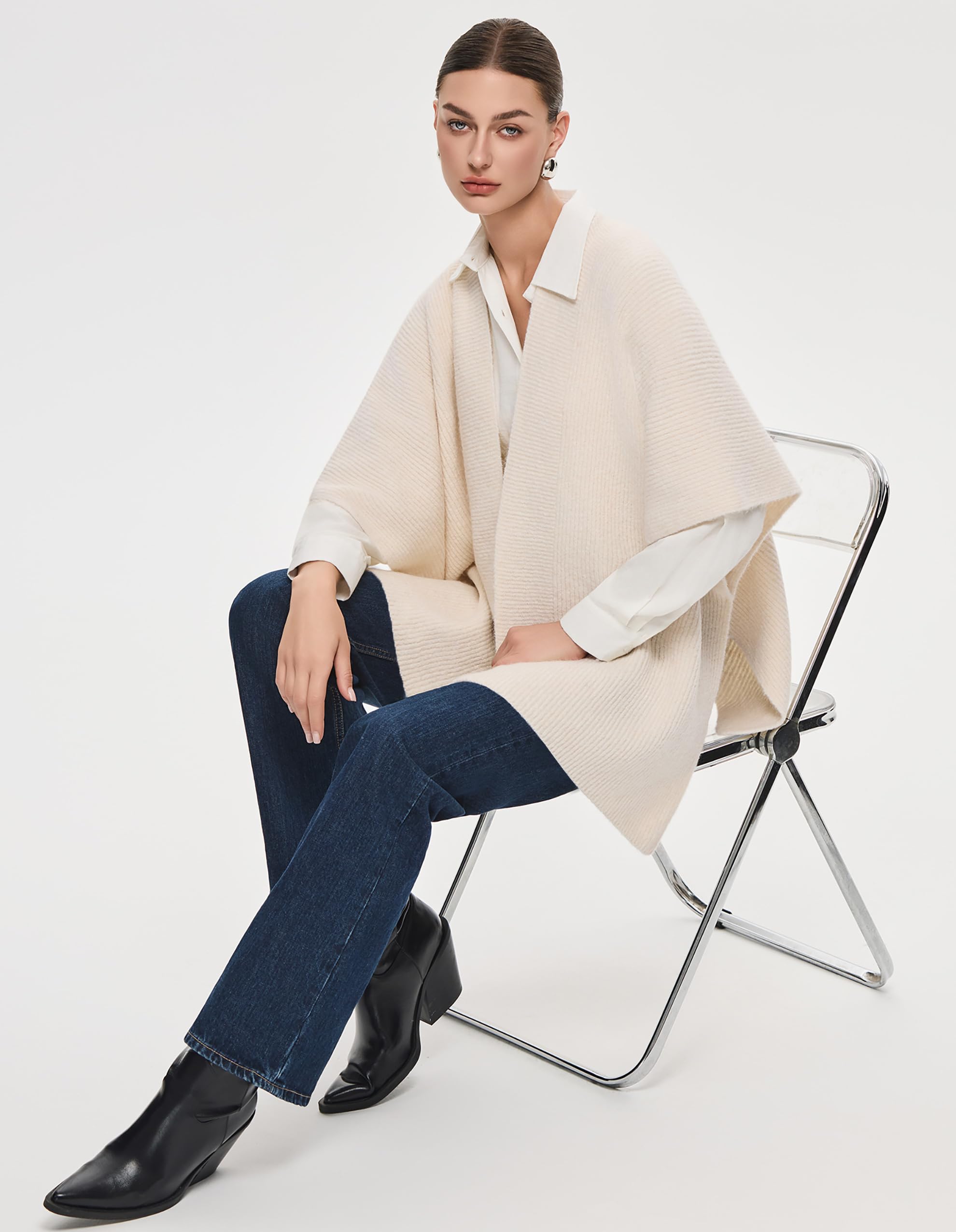 PULI Womens Luxury Open Front Shawl Wraps Casual Chunky Warm Capes Ribbed Knit Poncho Travel Sweater for Fall Winter - Image 5