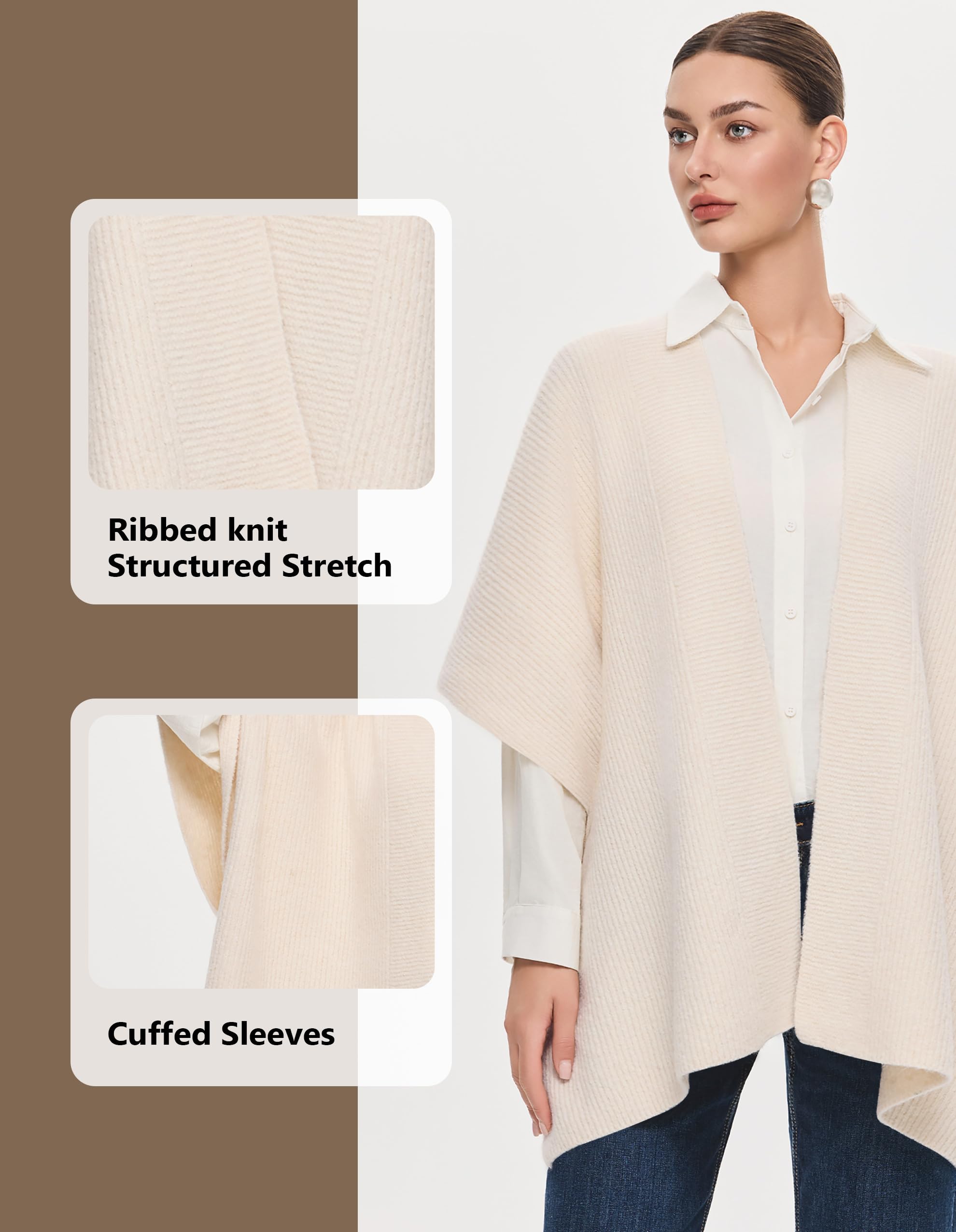 PULI Womens Luxury Open Front Shawl Wraps Casual Chunky Warm Capes Ribbed Knit Poncho Travel Sweater for Fall Winter - Image 6